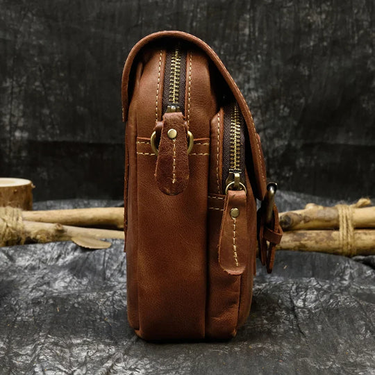 Riñonera de Cuero Genuino para Hombre - Bolso Bandolera Pequeña Multifuncional
