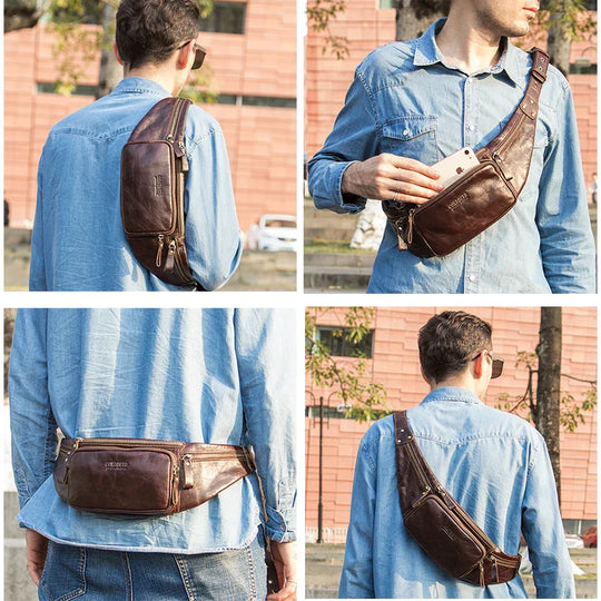 Riñonera de Cuero Genuino para Hombre - Bolso de Cintura de Viaje Premium