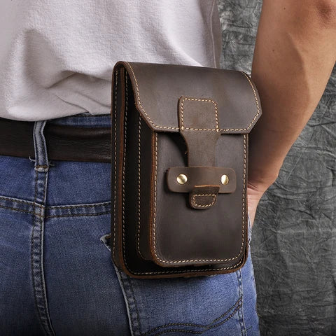 Riñonera Deportiva de Cuero para Hombre - Bolsa de Cintura Pequeña con Compartimento para Teléfono 7"