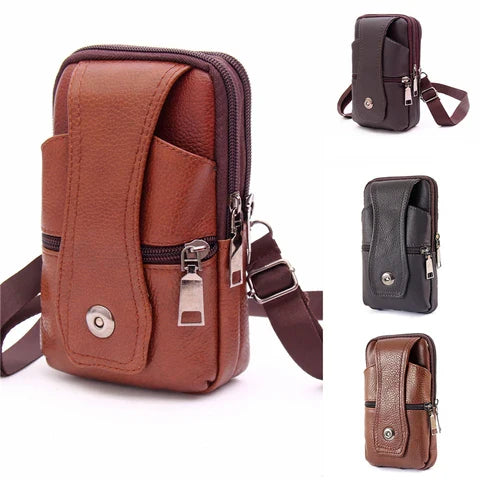 Riñonera Deportiva de Cuero Marrón Grande para Hombre - Bolso Cruzado y Cinturón