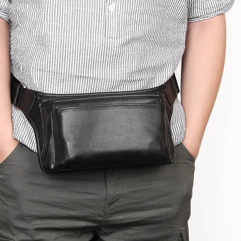 Riñonera Deportiva de Cuero para Hombre - Bolsa Cintura Cremallera Negra