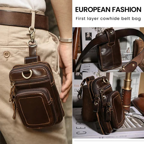 Riñonera Deportiva Vintage de Cuero Genuino con Múltiples Bolsillos