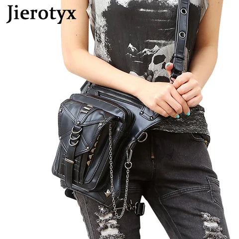 Riñonera Deportiva Retro Gótica con Tachuelas Steampunk - Bolso Bandolera de Cuero