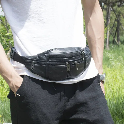 Riñonera Deportiva de Cuero Genuino para Hombre - Bolsa Pequeña de Pecho
