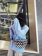Riñonera Deportiva para Mujer - Bolsa Cruzada de Lona con Estampado Cuadros, Estilo Hip Hop, Porta Celular