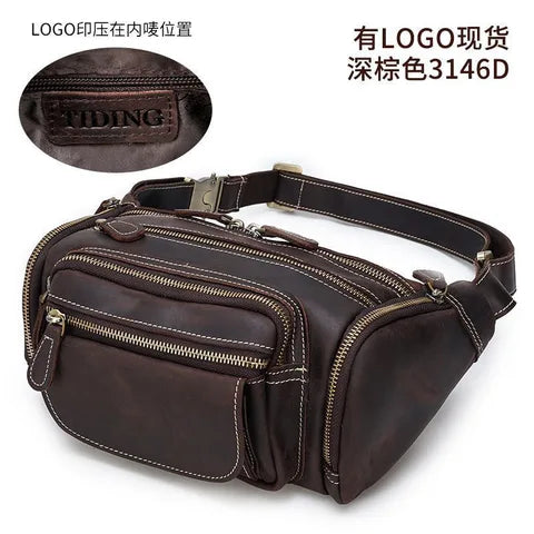 Riñonera Deportiva de Cuero Genuino para Hombre - Vintage con Múltiples Bolsillos