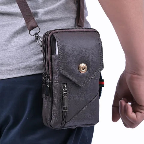 Riñonera Deportiva de Cuero para Hombre, 7.2 Pulgadas, Gran Capacidad, Marrón