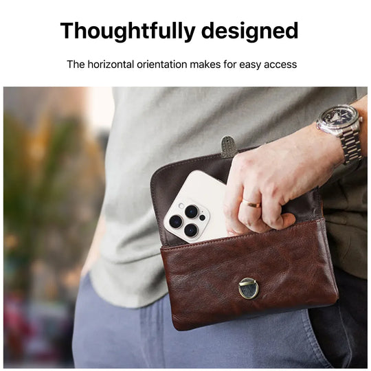 Riñonera de Cuero Genuino para Hombre - Bolsa de Cintura con Compartimento para iPhone 16 Pro Max