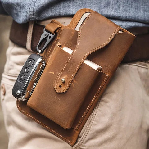 Riñonera Deportiva de Cuero Genuino - Bolso Vintage Multibolsillos para Hombre