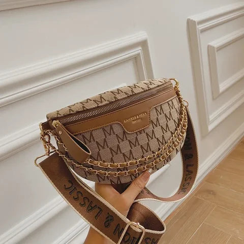 Riñonera Deportiva con Estampado y Cadena para Mujer - Bolso de Cintura con Letras y Correa Ancha