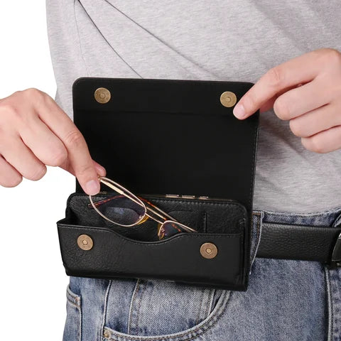 Riñonera Deportiva de Cuero Sintético con Doble Capa, Cierre Magnético y Soporte para Móvil y Gafas