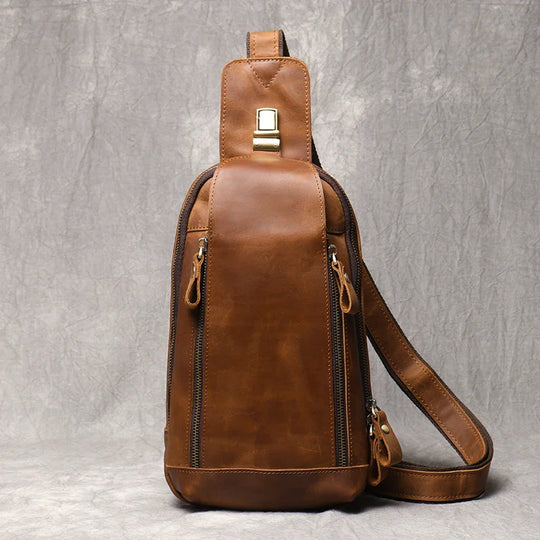 Riñonera de Cuero Genuino Crazy Horse para Hombre - Bolso Bandolera Vintage Retro, Compatible con iPad 7.9 Pulgadas