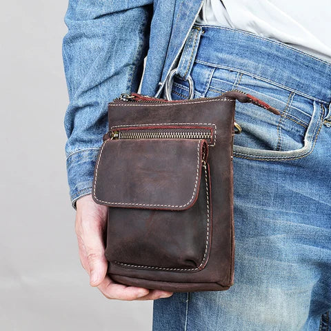 Riñonera Deportiva de Cuero Pequeña - Bolso Cinturón Retro con Gancho