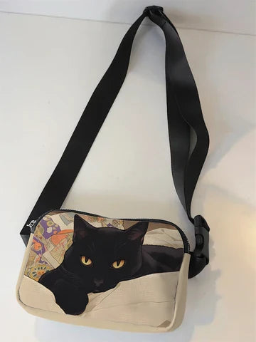 Riñonera Deportiva Ajustable con Estampado de Gato Negro - Bolsa de Cintura para Correr