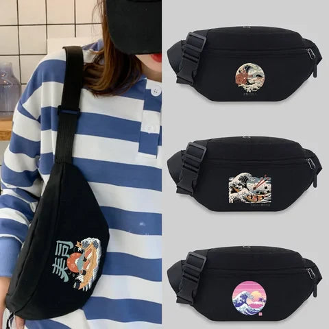 Riñonera Deportiva Unisex con Estampado Ondulado - Mochila de Cintura Negra para Deporte y Viaje