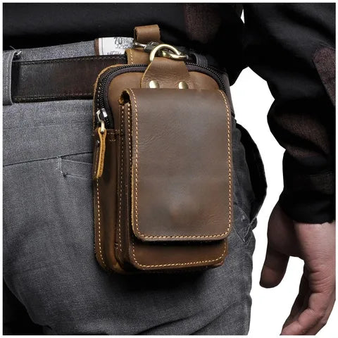 Riñonera Deportiva de Cuero Crazy Horse - Pequeña, Ajustable, con Gancho para Teléfono