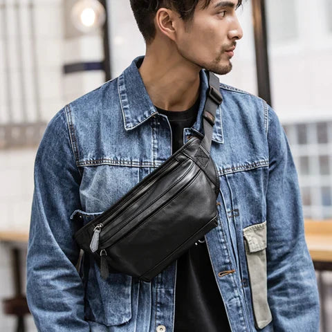 Riñonera Deportiva de Cuero Genuino para Hombre - Bolsa Pechera Moderna