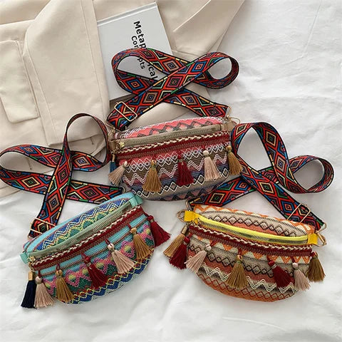 Riñonera Deportiva Retro con Borlas y Cuero - Bolso de Cintura para Mujer