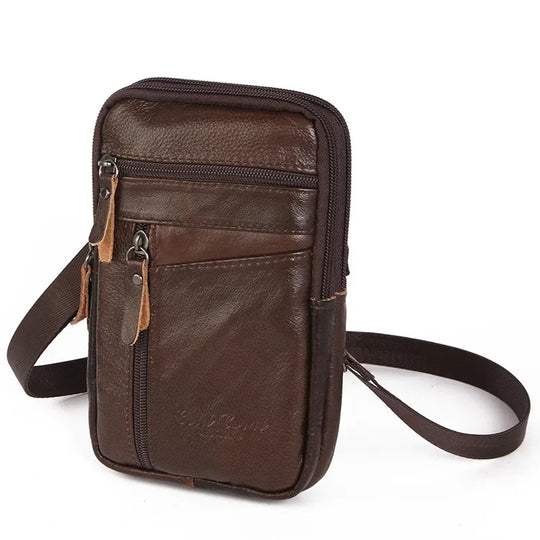 Riñonera de Cuero Genuino para Hombre - Bolso Bandolera Pequeño con Bolsillo para Móvil