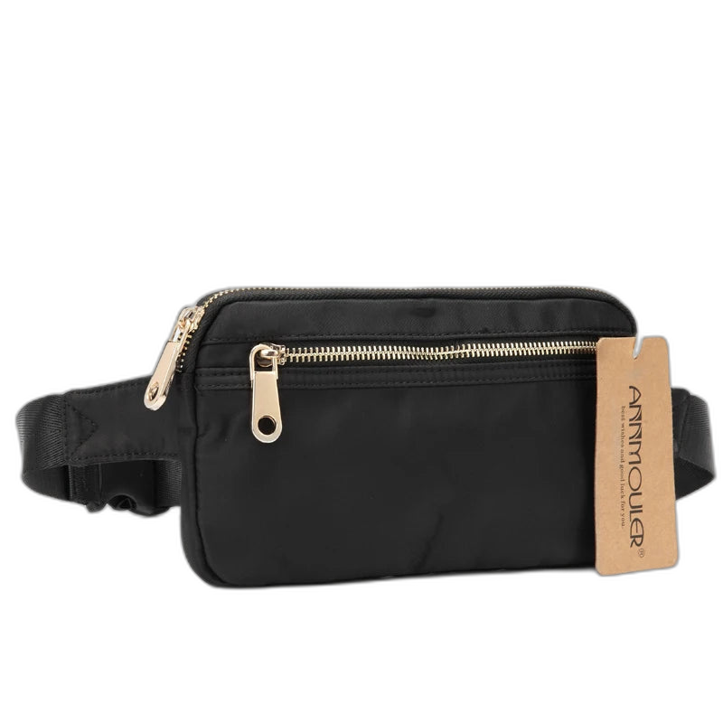 Riñonera de Cintura para Mujer - Bolso Bandolera Grande de Nylon en Negro