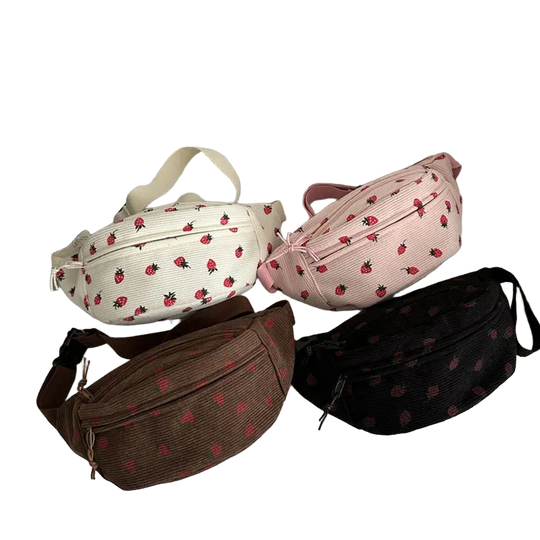 Riñonera Deportiva Unisex de Pana con Estampado de Fresas - Bolsa de Cintura para Viaje