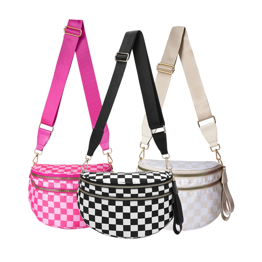 Riñonera de Viaje para Mujer de Nylon - Bolso Cruzado Espacioso a Cuadros Blanco y Negro