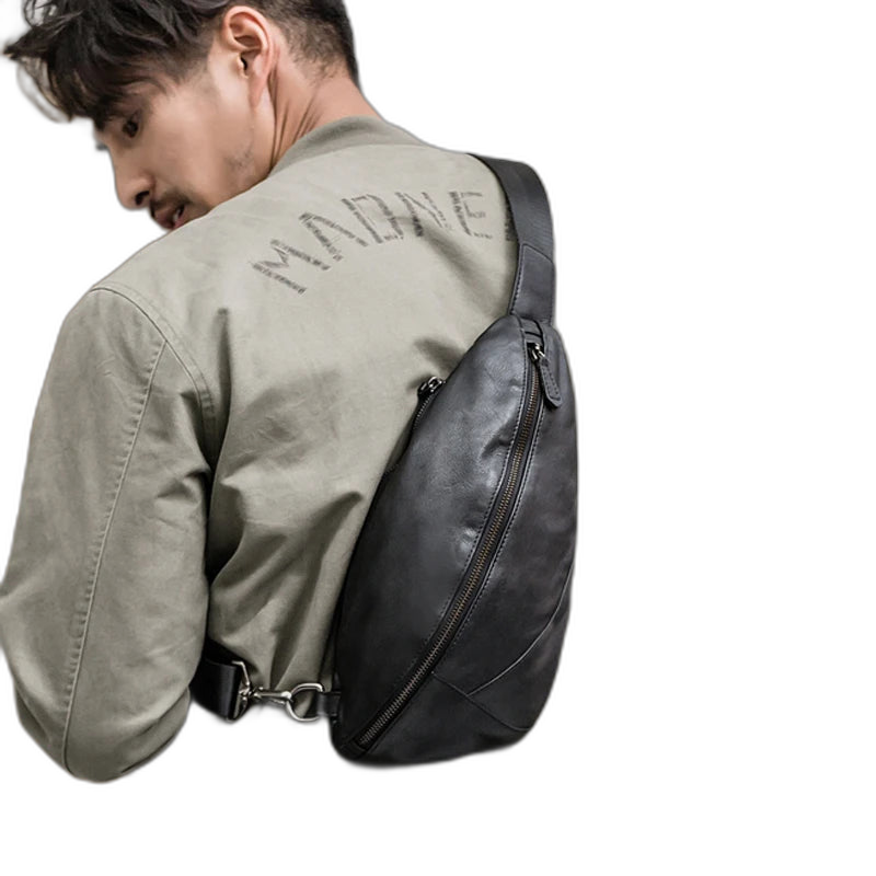Riñonera de Cuero Genuino para Hombre - Bolso Bandolera Pequeño Cruzado Negro