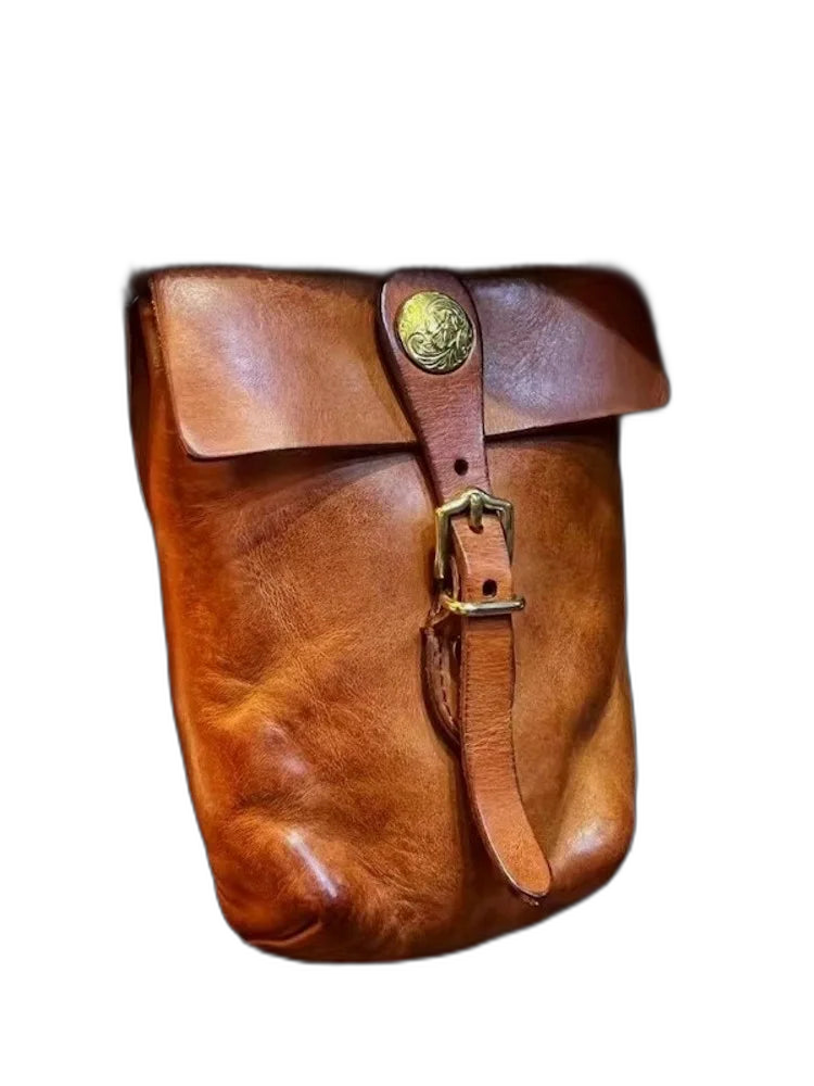 Riñonera de Cuero Genuino para Hombre - Bolso Pequeño Vertical Vintage con Solapa