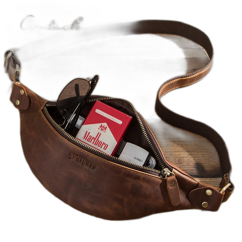 Riñonera de Cuero Genuino Crazy Horse para Hombre - Bolso Bandolera de Viaje con Compartimento para Móvil