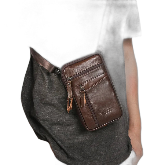 Riñonera de Cuero Genuino para Hombre - Bolso Bandolera Pequeño con Bolsillo para Móvil